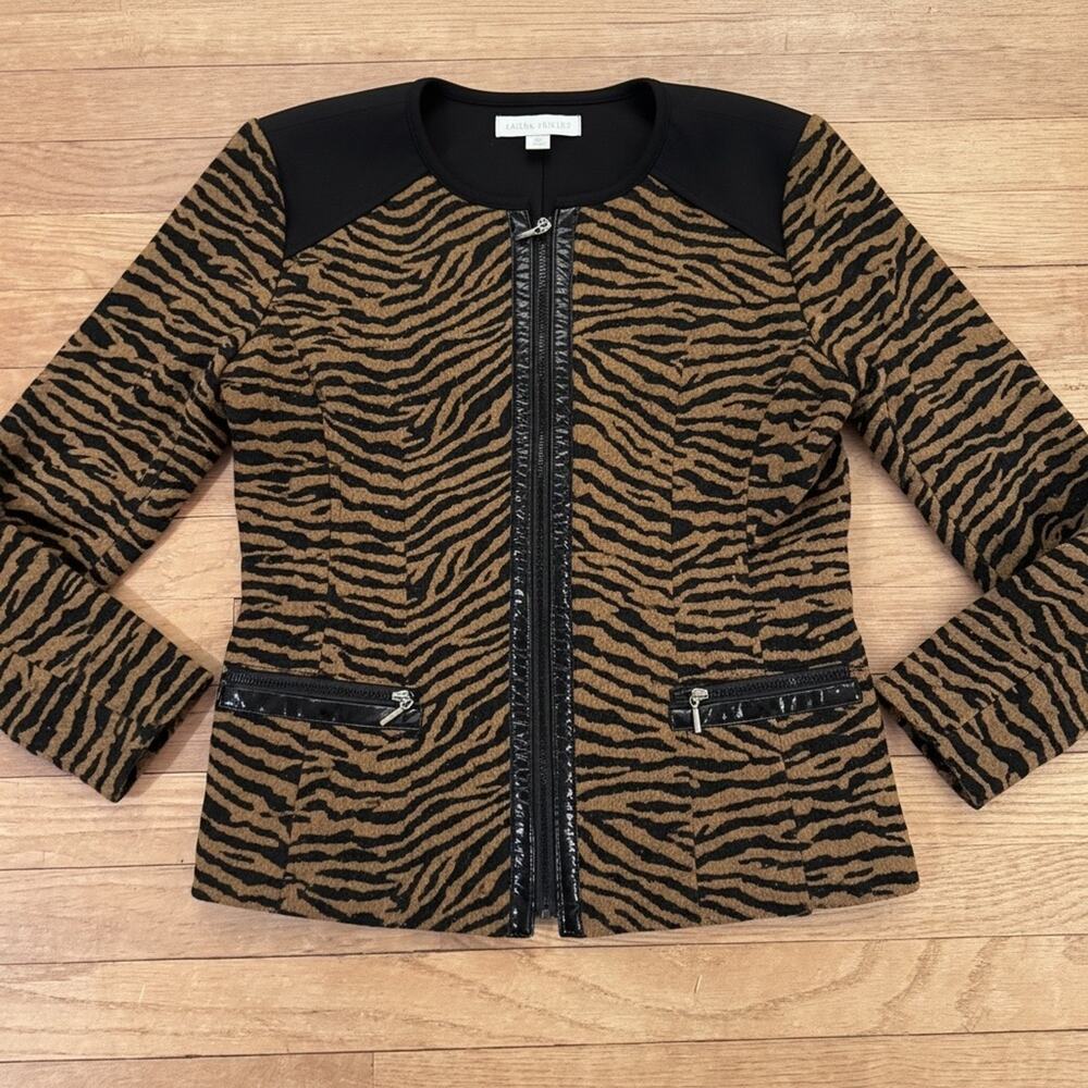 Laura Ashley Tan and Black Tiger Print Zip Up Moto Jacket - Petite Small
 b60